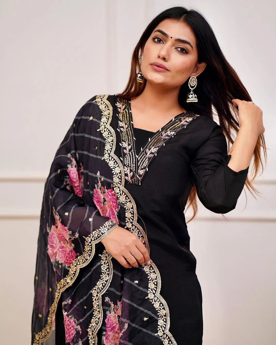 Mix Viscose Black Embroidered Kurta Set