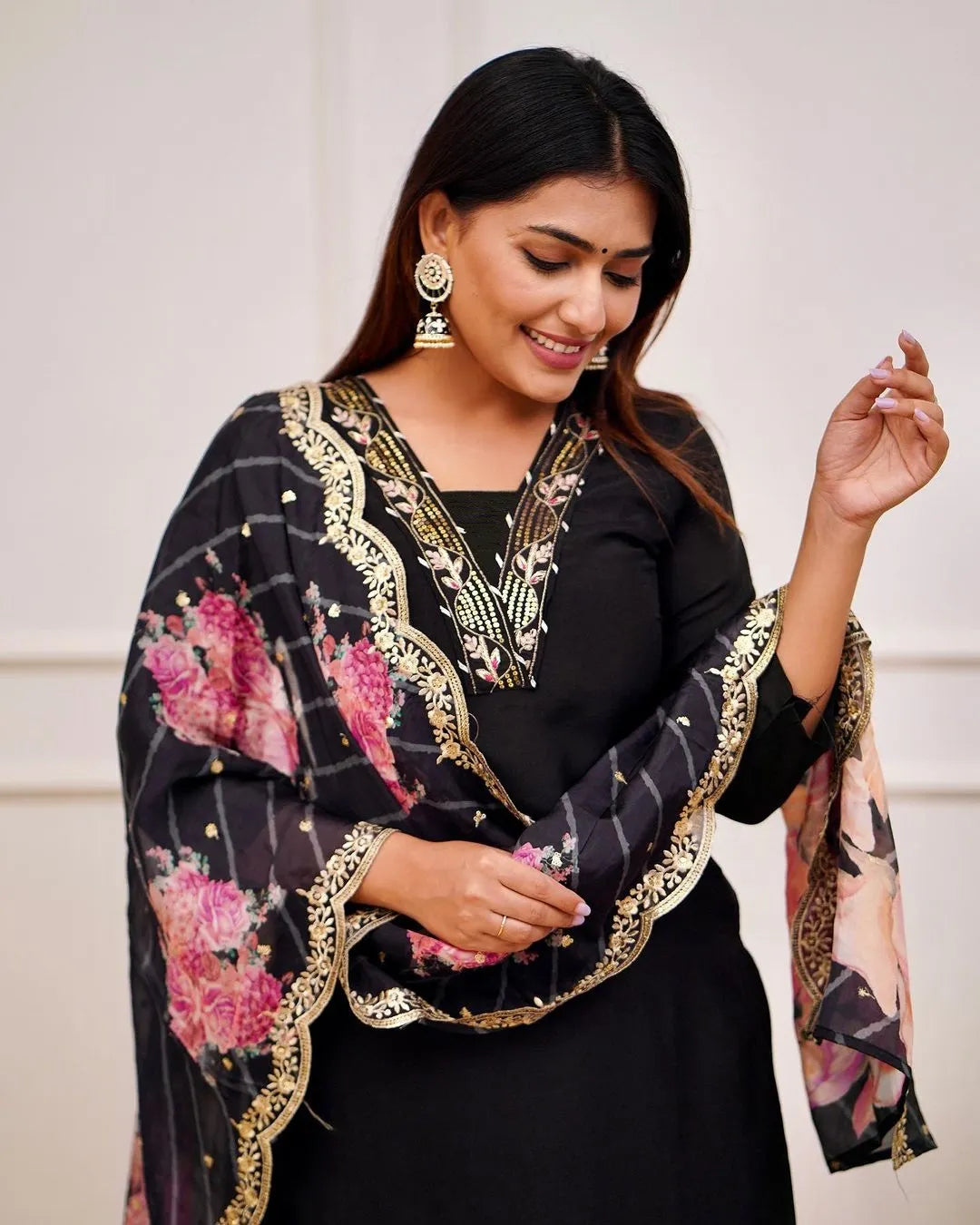 Mix Viscose Black Embroidered Kurta Set