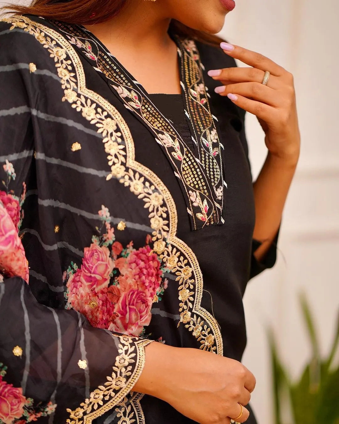 Mix Viscose Black Embroidered Kurta Set