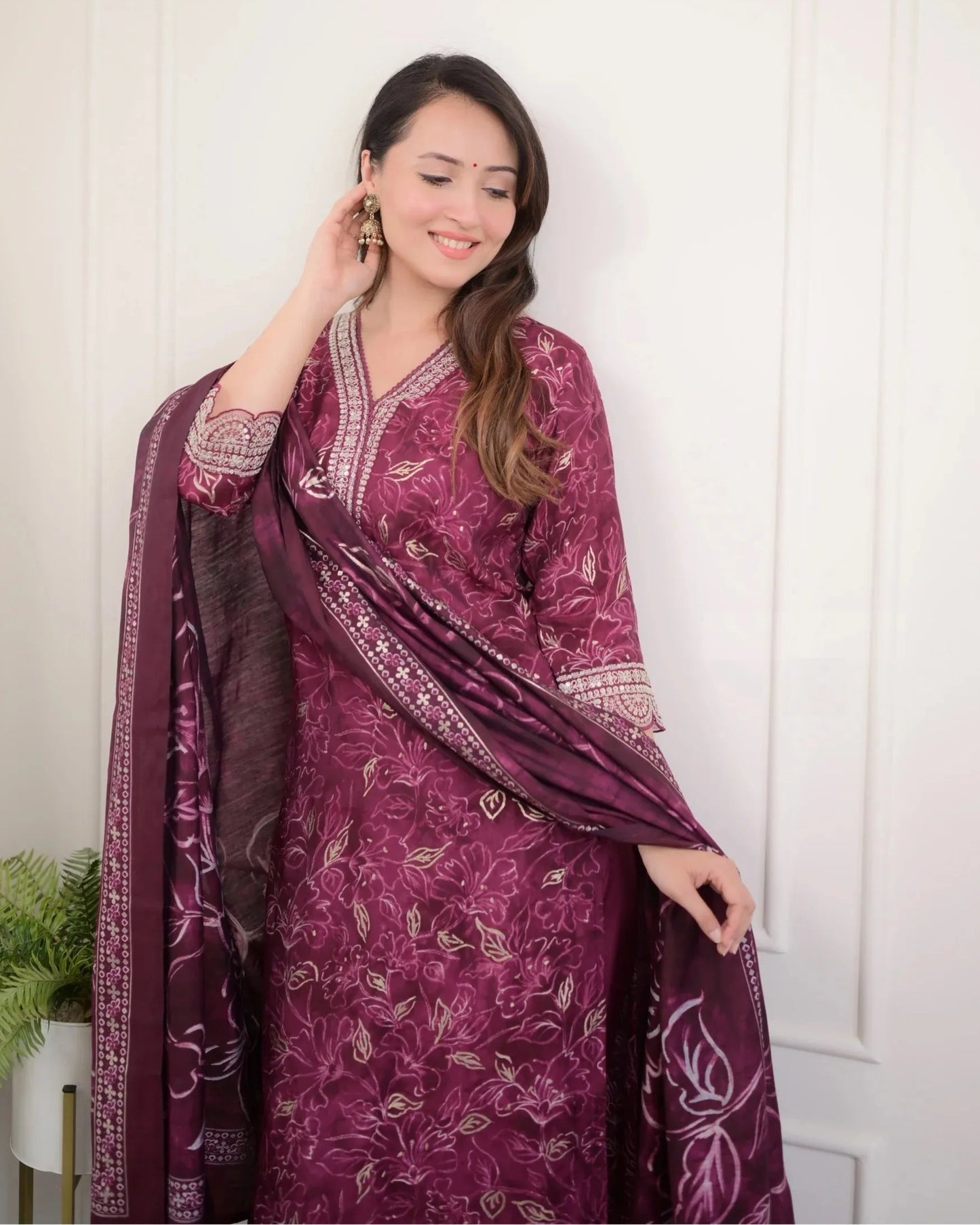 Mix Viscose Wine Digital Print Kurta Set