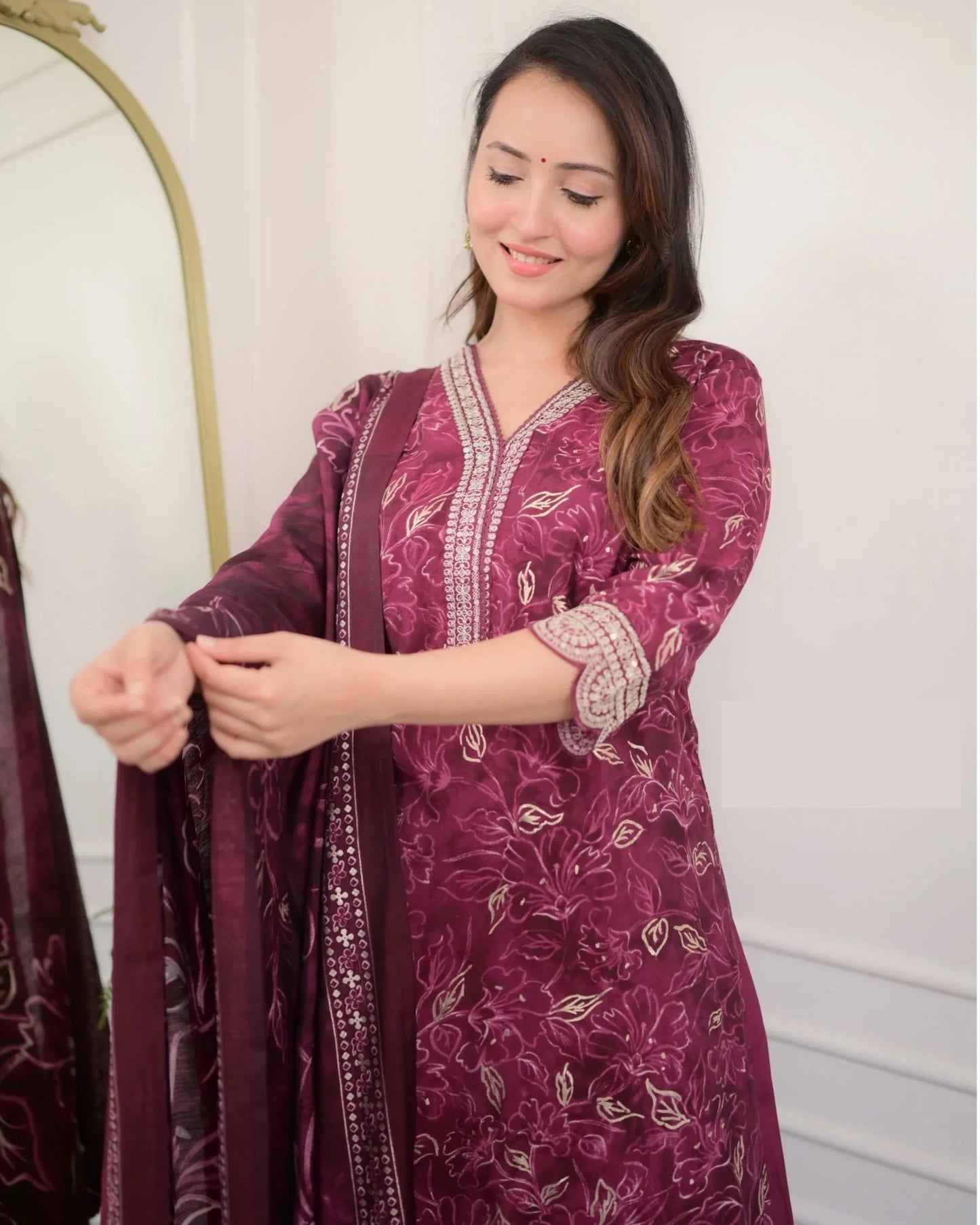 Mix Viscose Wine Digital Print Kurta Set