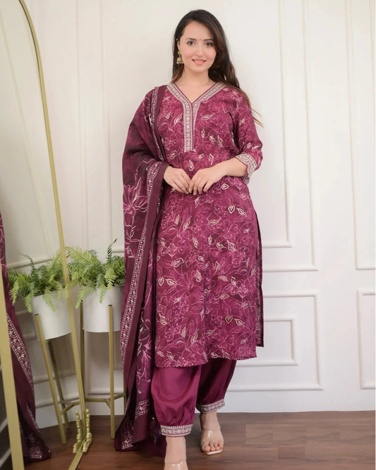 Mix Viscose Wine Digital Print Kurta Set
