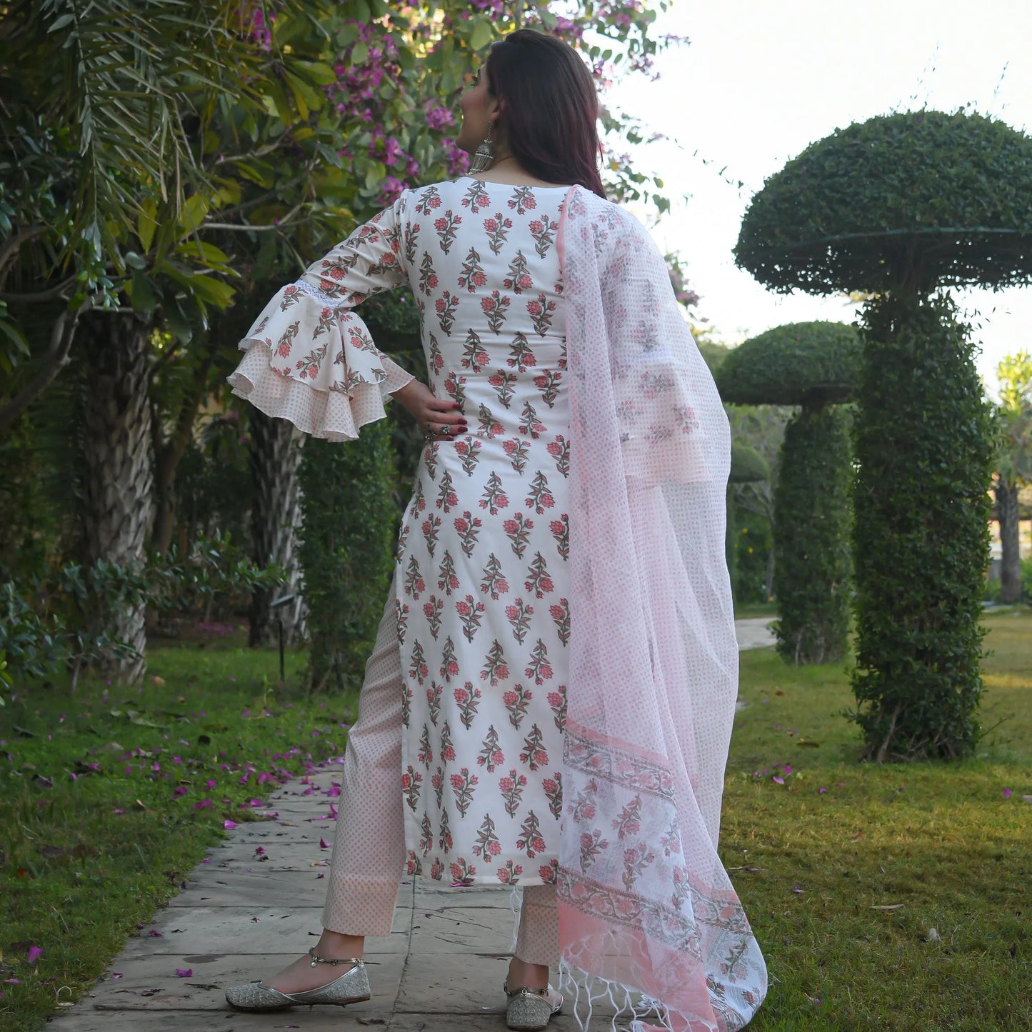 White Mix Viscose Block Print Floral Kurta Set