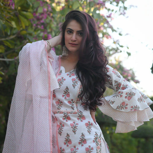 White Mix Viscose Block Print Floral Kurta Set