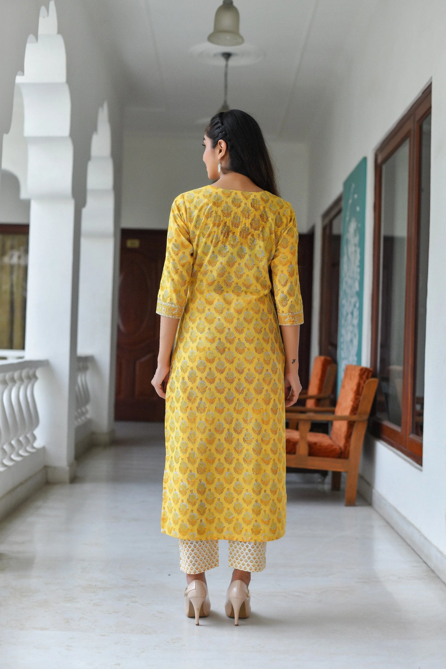 Yellow V-Neckline Full Block Print Suit