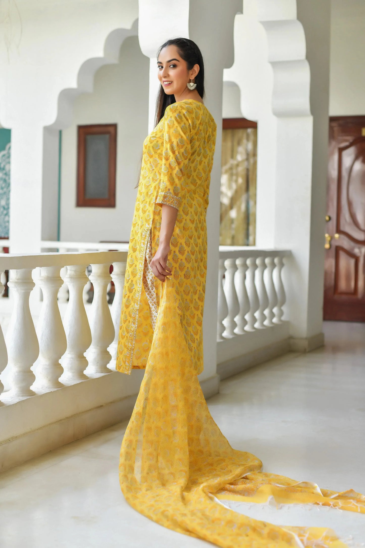 Yellow V-Neckline Full Block Print Suit