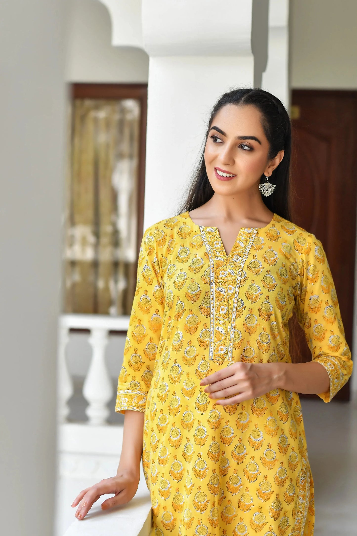 Yellow V-Neckline Full Block Print Suit