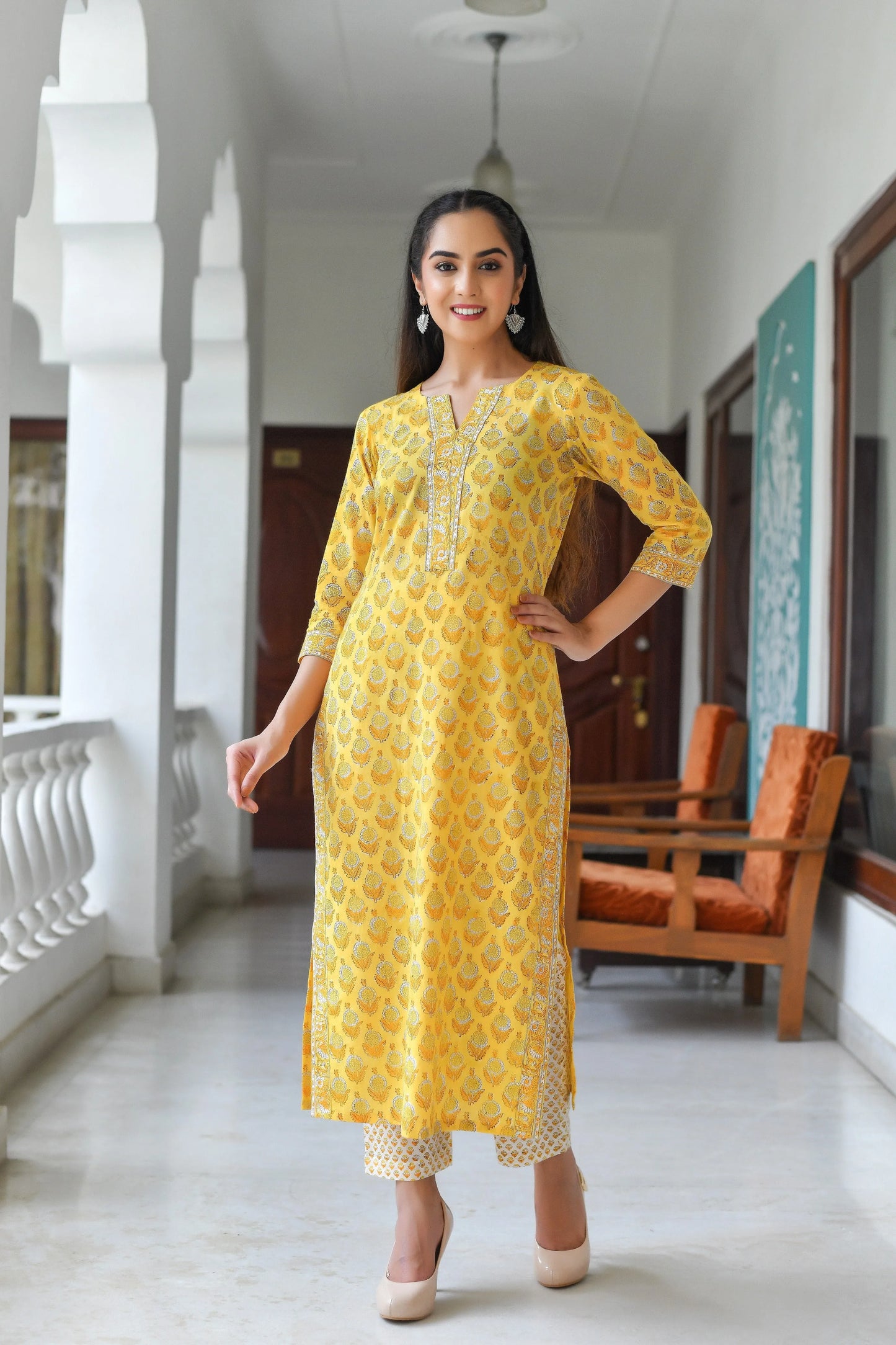 Yellow V-Neckline Full Block Print Suit