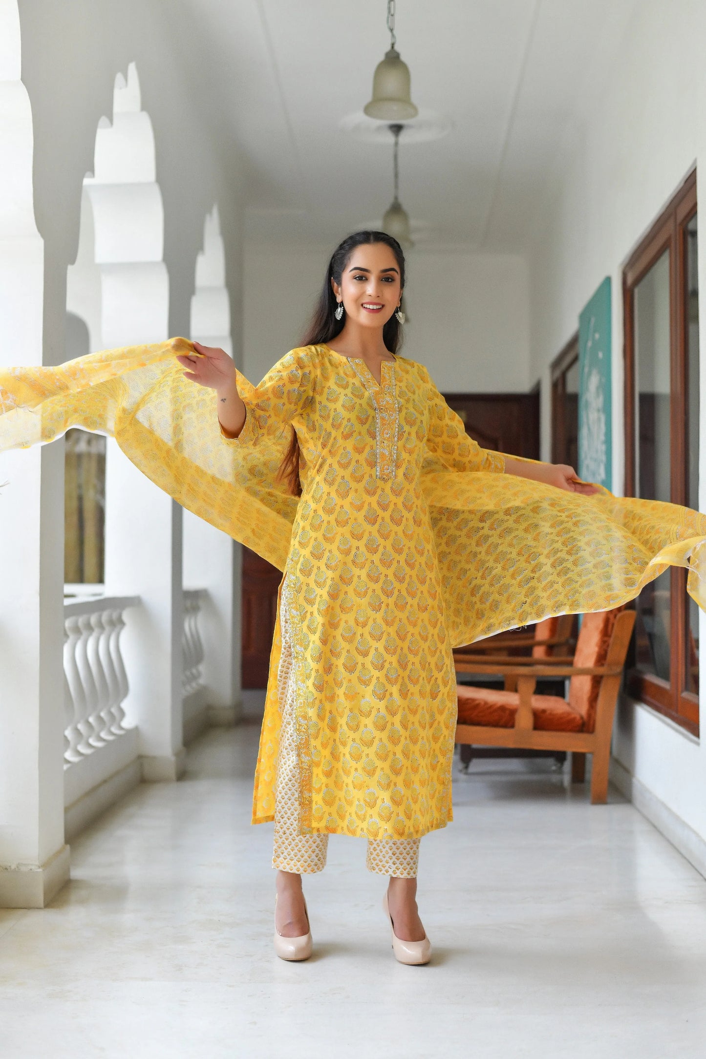 Yellow V-Neckline Full Block Print Suit