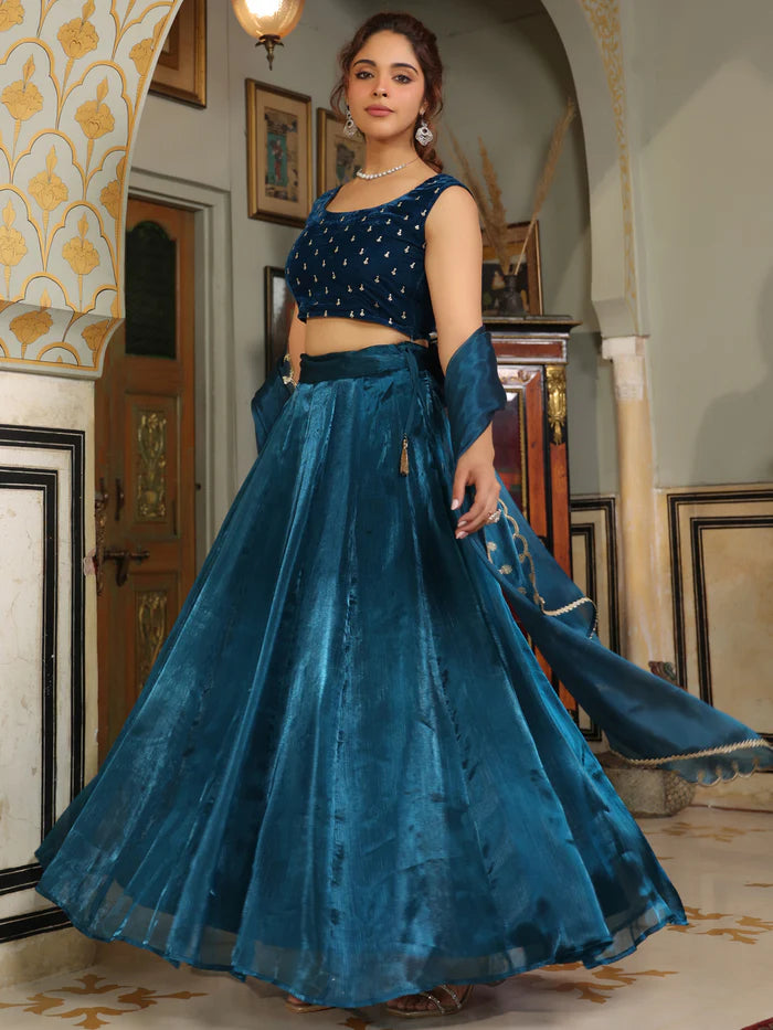 Dark Cyan Zari Embroidery Lehenga and Velvet Choli Set