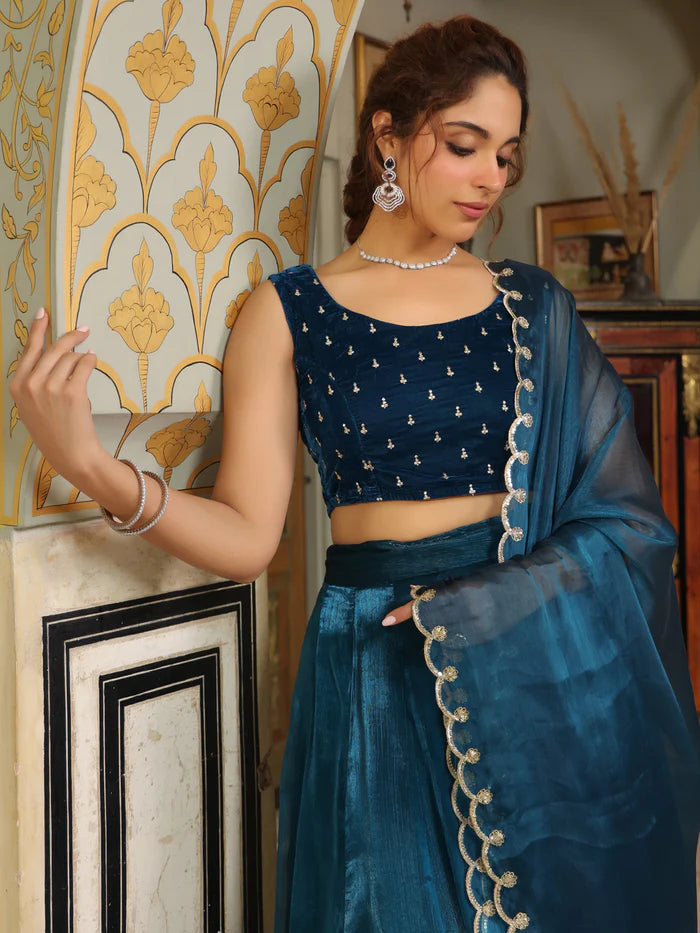 Dark Cyan Zari Embroidery Lehenga and Velvet Choli Set