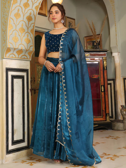 Dark Cyan Zari Embroidery Lehenga and Velvet Choli Set