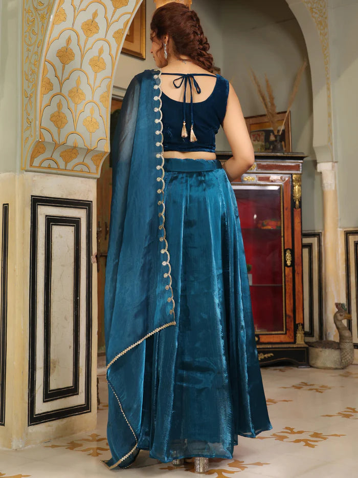 Dark Cyan Zari Embroidery Lehenga and Velvet Choli Set