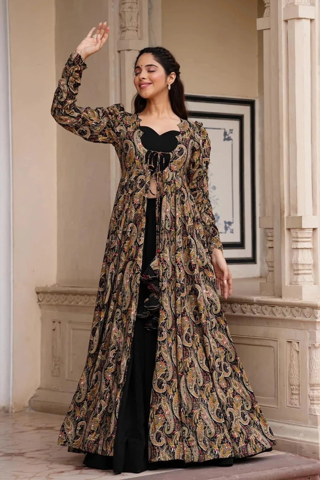 Black Digital Print Faux Georgette Shrug and Skirt Set