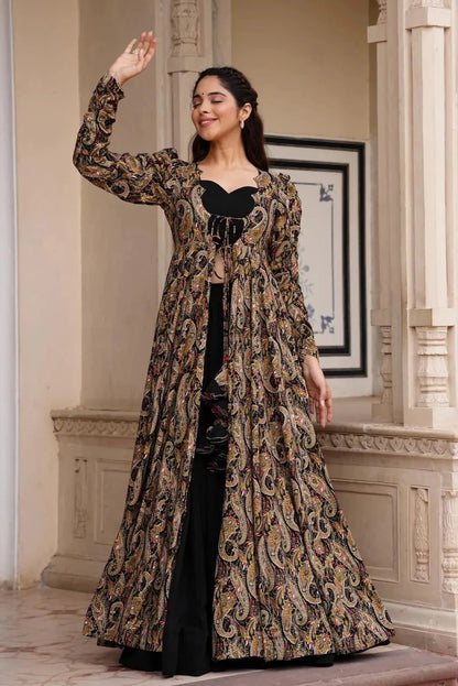 Black Digital Print Faux Georgette Shrug and Skirt Set