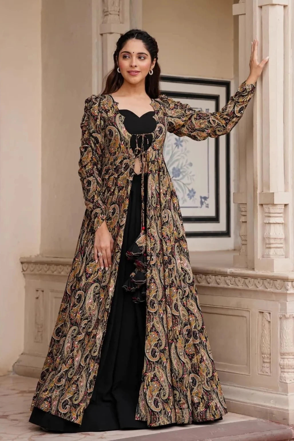 Black Digital Print Faux Georgette Shrug and Skirt Set