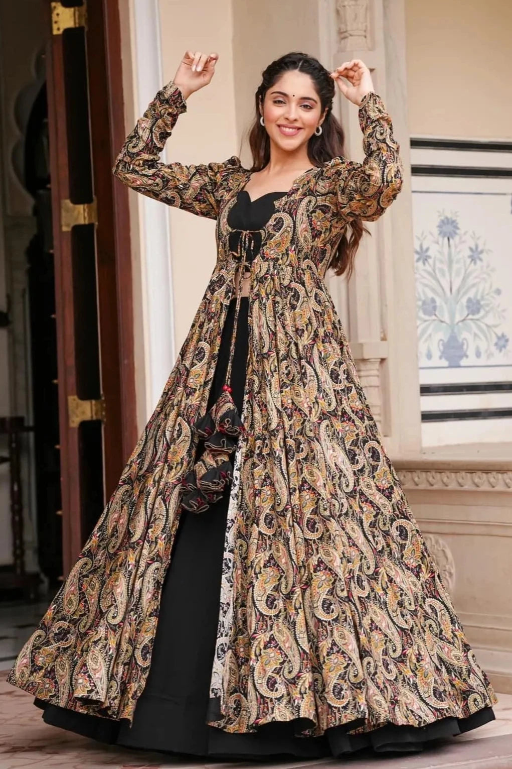 Black Digital Print Faux Georgette Shrug and Skirt Set