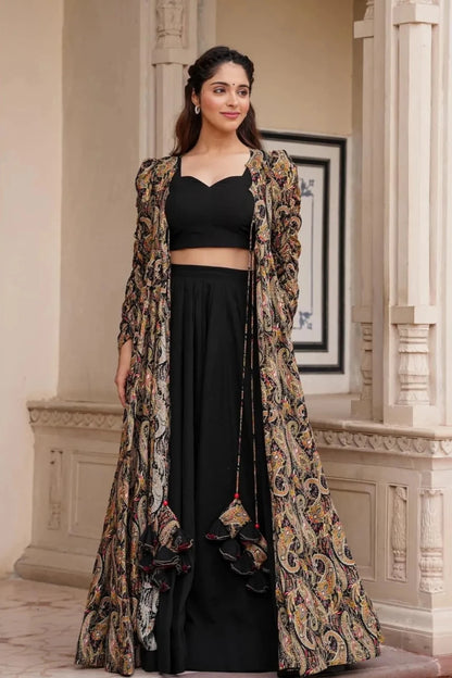 Black Digital Print Faux Georgette Shrug and Skirt Set