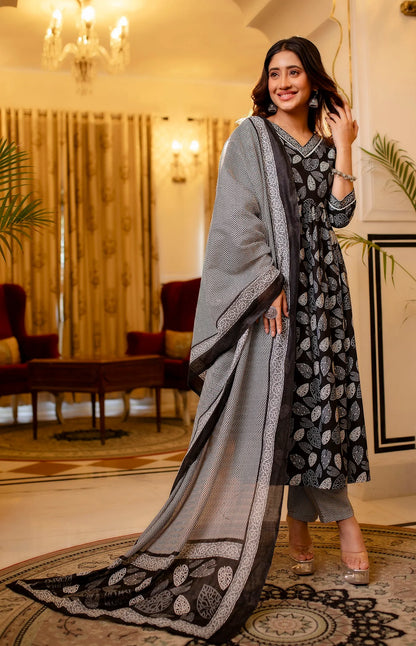 Black Digital Print Mix Rayon Kurta Set