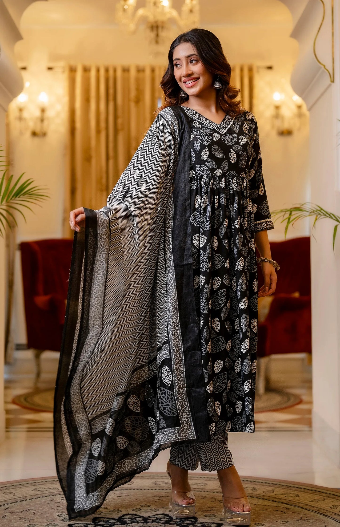 Black Digital Print Mix Rayon Kurta Set