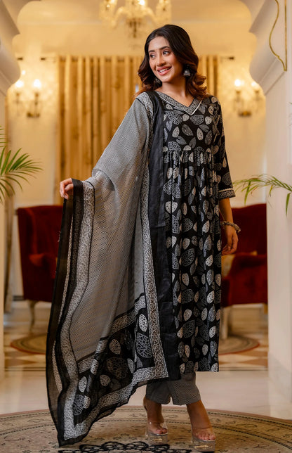 Black Digital Print Mix Rayon Kurta Set
