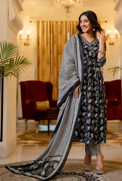 Black Digital Print Mix Rayon Kurta Set