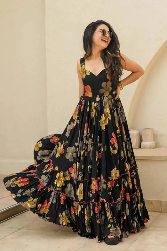 Black Floral Print Rayon Gown