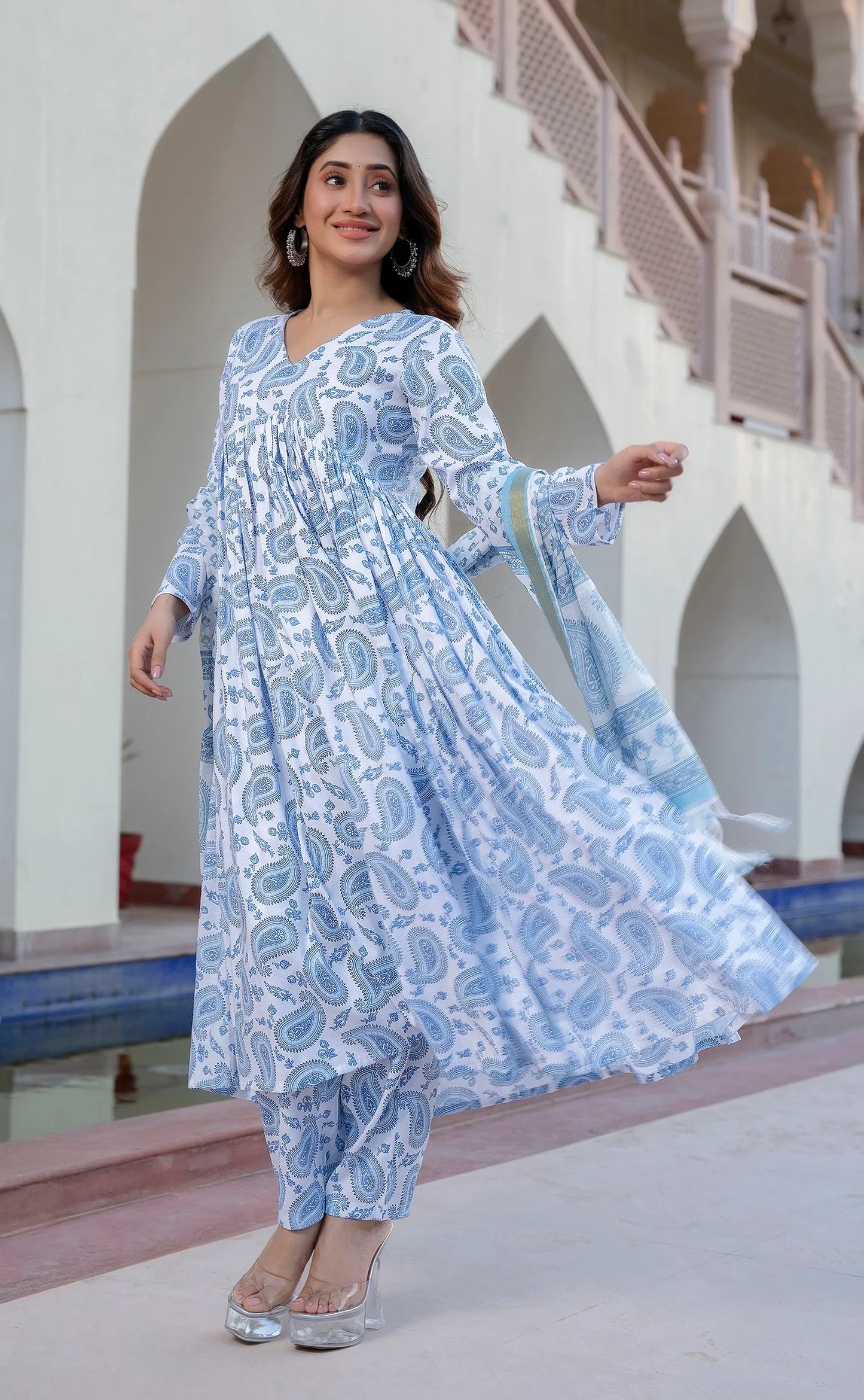 Block Print White Mix Viscose Kurta Set