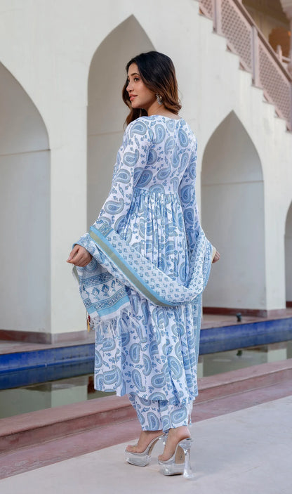 Block Print White Mix Viscose Kurta Set