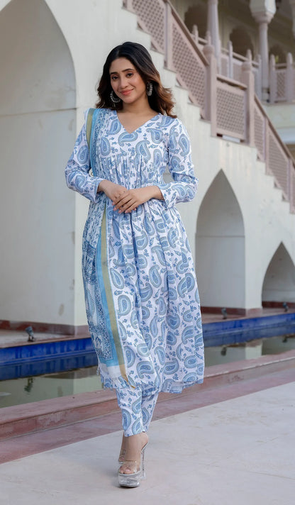 Block Print White Mix Viscose Kurta Set