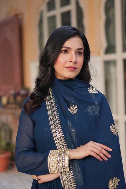 Blue Emroidered Faux Georgette Gown Set