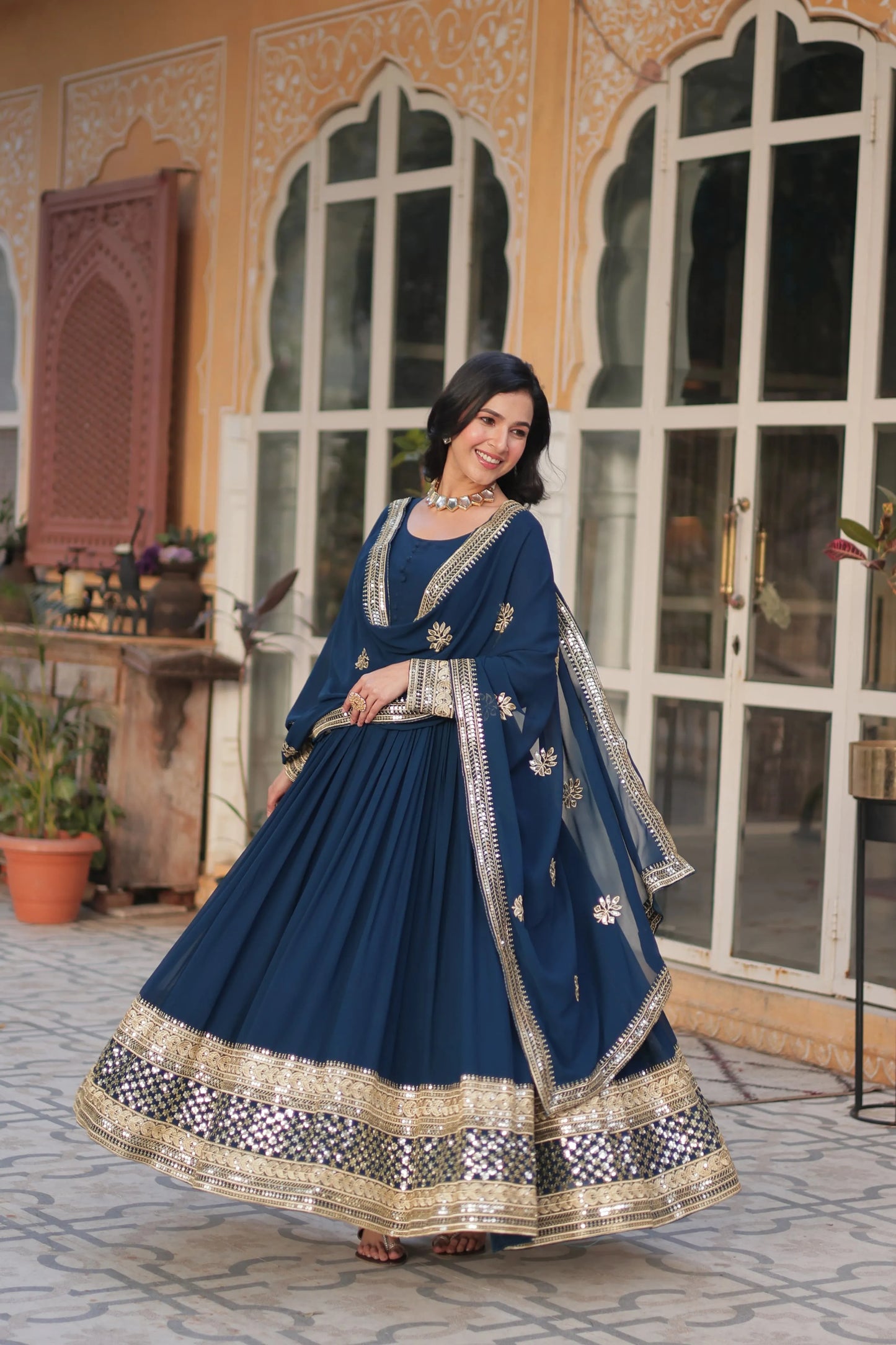 Blue Emroidered Faux Georgette Gown Set