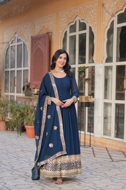 Blue Emroidered Faux Georgette Gown Set