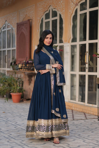 Blue Emroidered Faux Georgette Gown Set