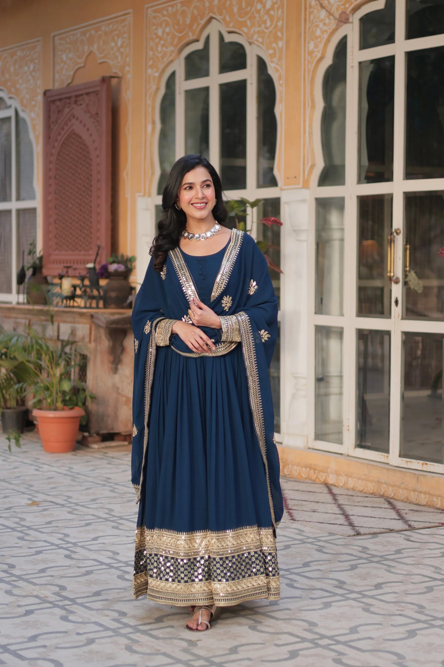 Blue Emroidered Faux Georgette Gown Set