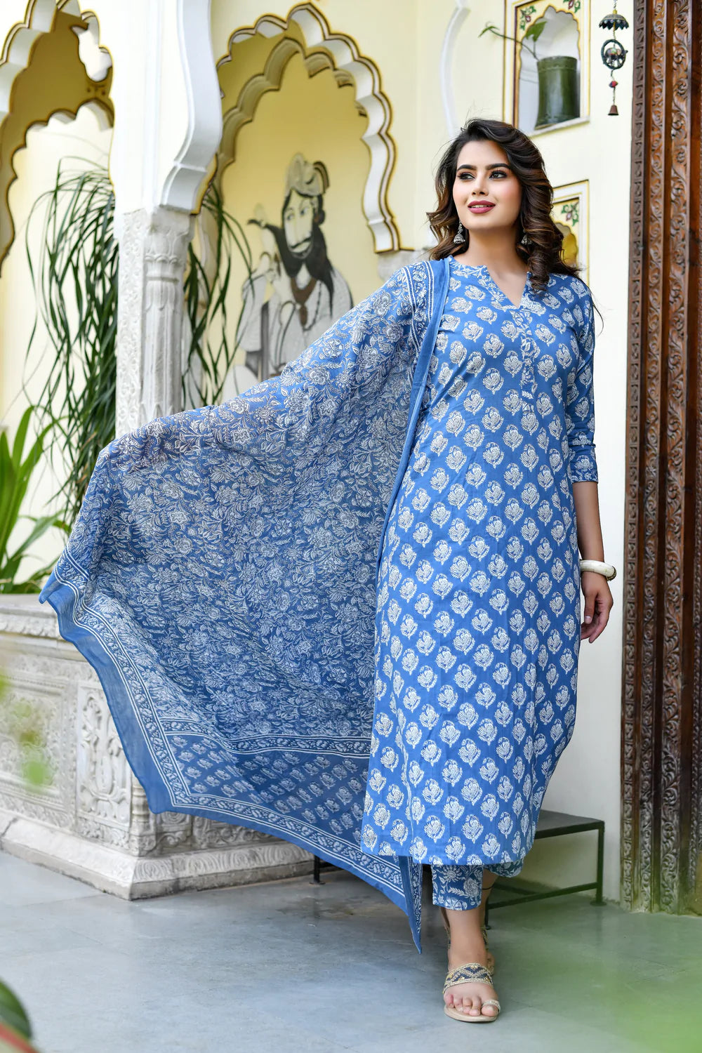 Blue Full Floral Print Mix Rayon Kurta Set