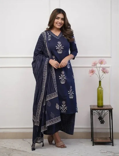 Blue Viscose V-Neck Digital Print Kurta Set