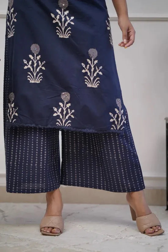 Blue Viscose V-Neck Digital Print Kurta Set