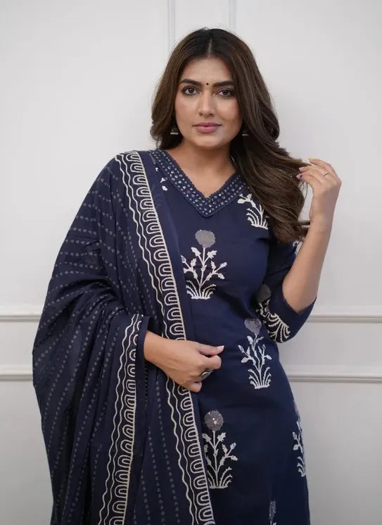 Blue Viscose V-Neck Digital Print Kurta Set