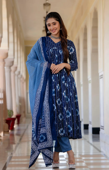Dark Blue Digital Print Mix Rayon Alia Cut Kurta Pant and Dupatta Set