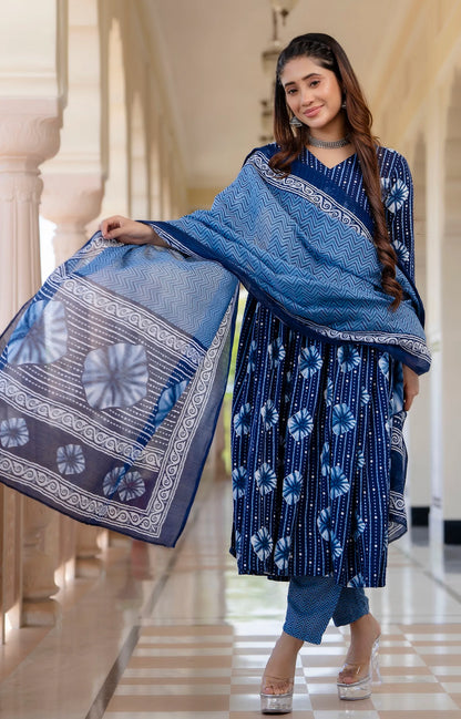Dark Blue Digital Print Mix Rayon Alia Cut Kurta Pant and Dupatta Set