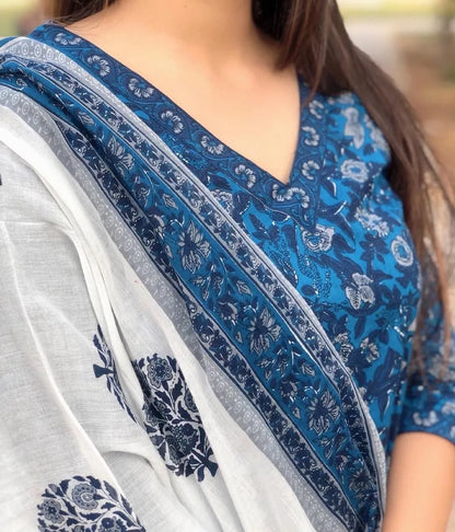 Dark Blue Full Floral Block Print Stylish Suit