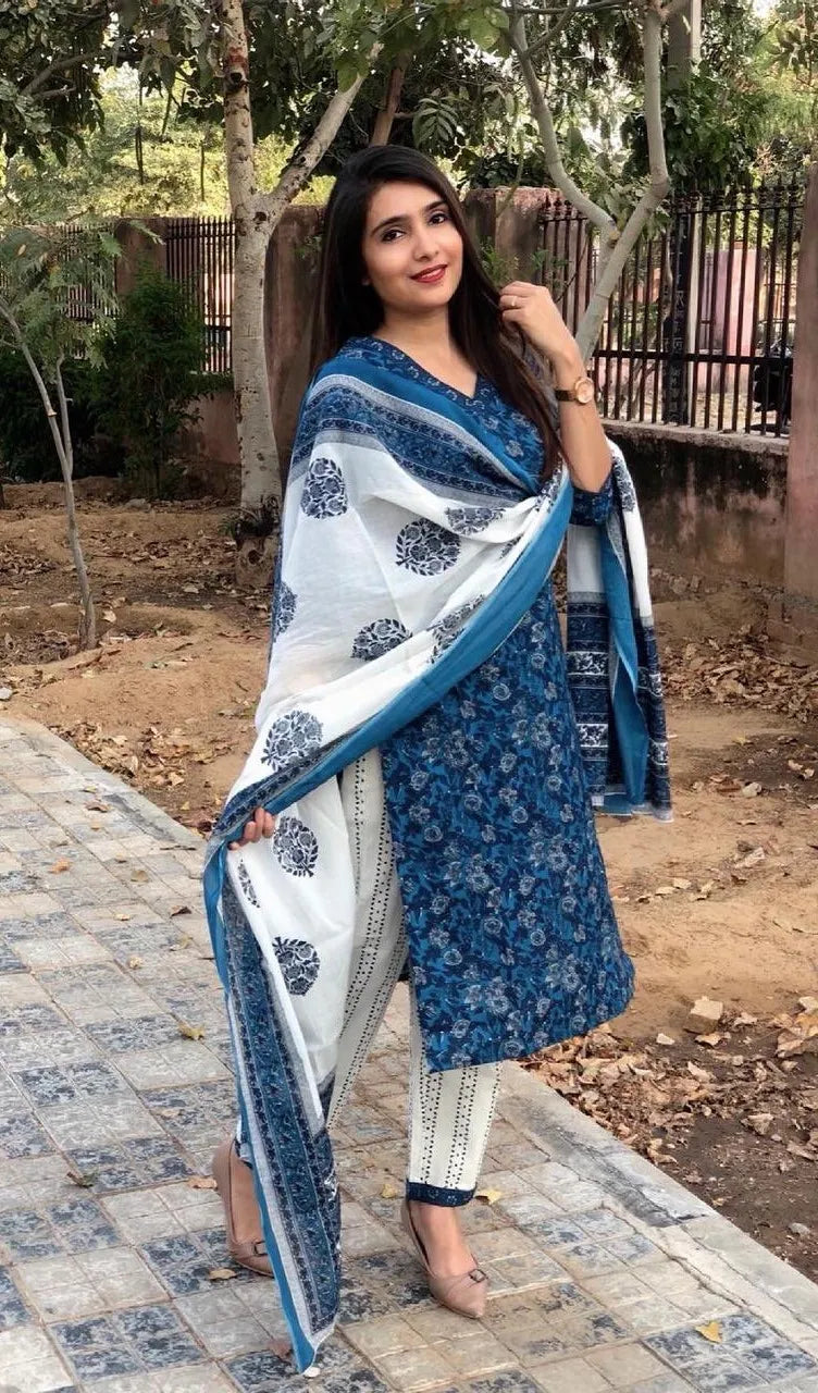 Dark Blue Full Floral Block Print Stylish Suit