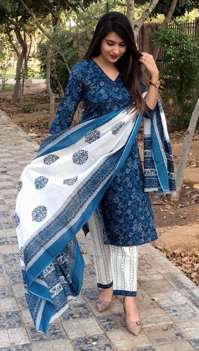 Dark Blue Full Floral Block Print Stylish Suit