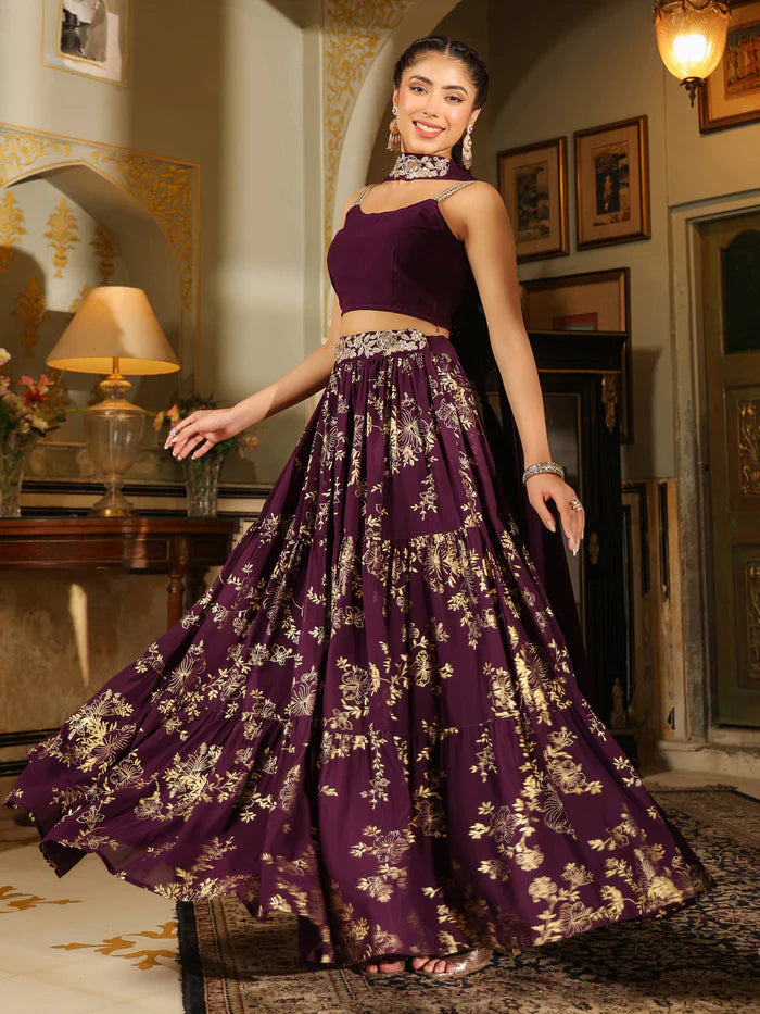 Purple Georgette Foil Printed Lehenga Choli Set