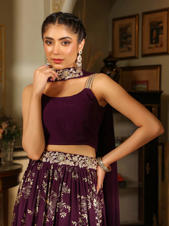 Purple Georgette Foil Printed Lehenga Choli Set