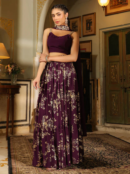 Purple Georgette Foil Printed Lehenga Choli Set