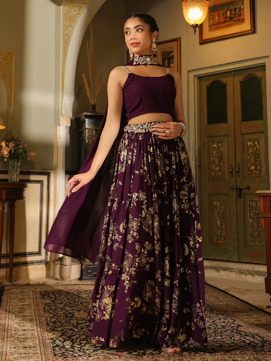 Purple Georgette Foil Printed Lehenga Choli Set