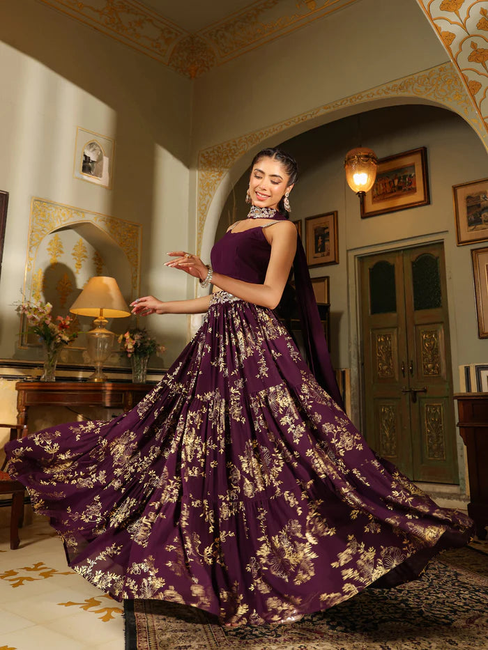 Purple Georgette Foil Printed Lehenga Choli Set