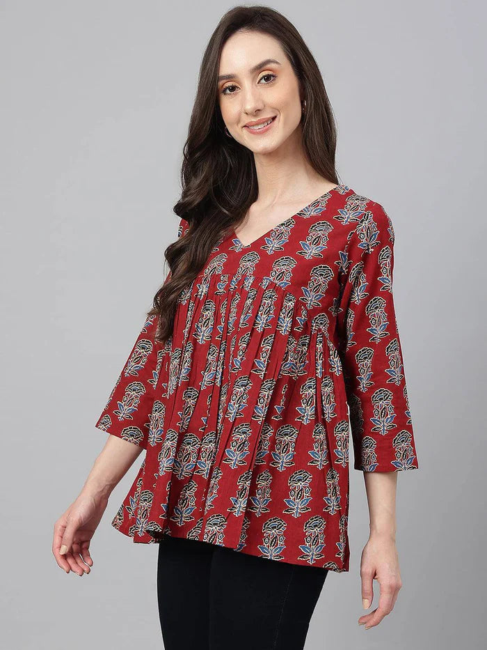 Maroon Floral Flare Top